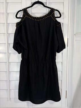 Angie Black Cold-Shoulder Dress with Gold Stud Accents (L)